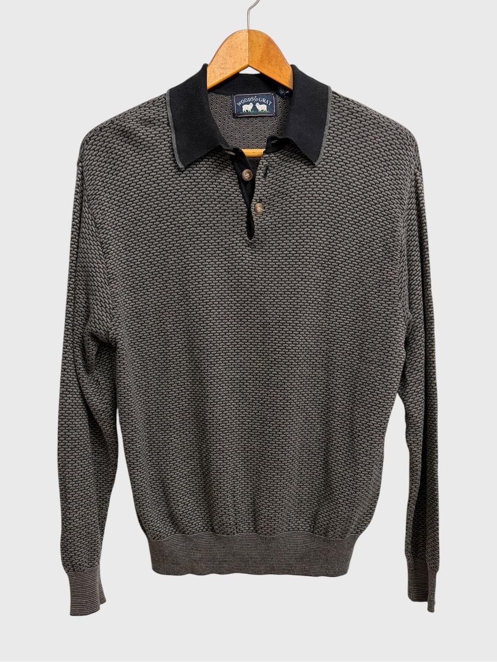 Vintage 90s Woods & Gray Long Sleeve Knit Polo Sweater Size M Gray Black Preppy